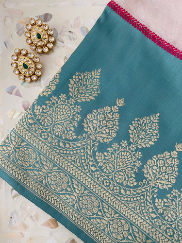 Banarasi Ektara Katan Silk Saree | Tissue Organza Band | Light Teal Blue | Thread Work | Handwoven | Silk Mark | Ships from California